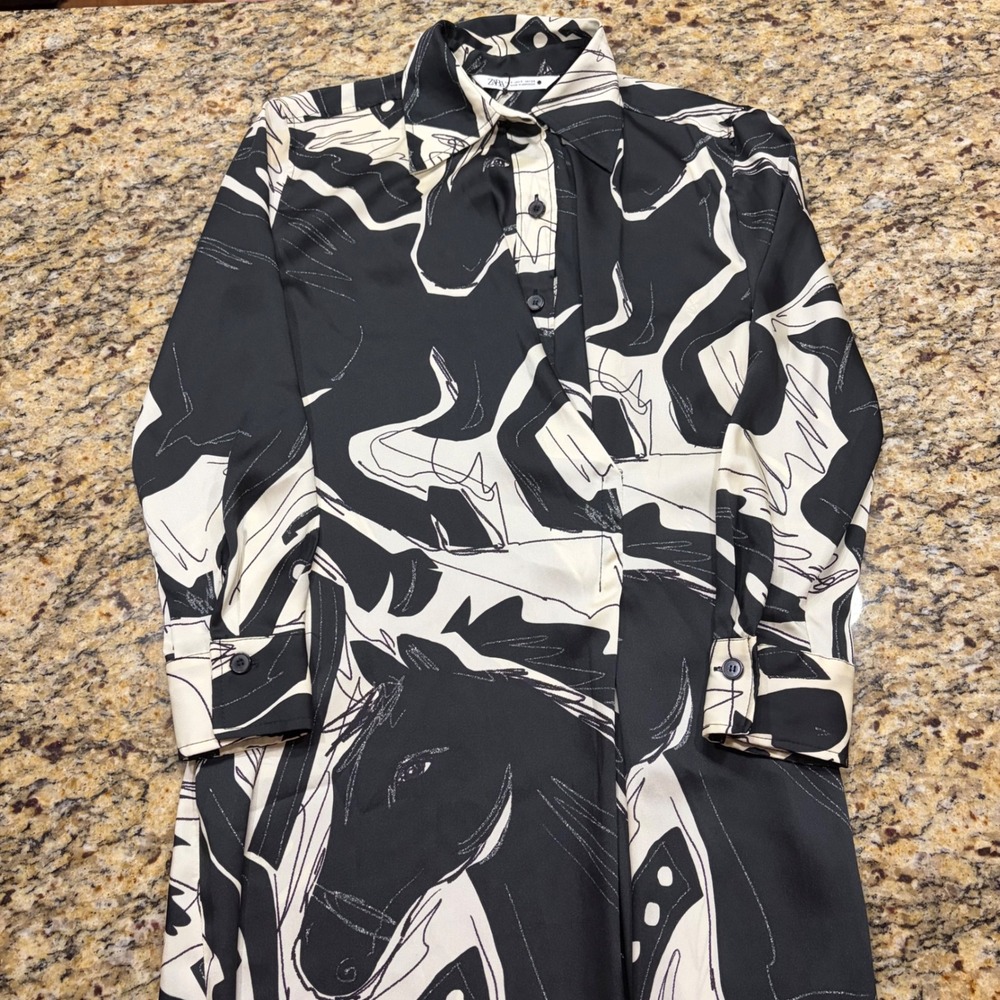 NEW Zara Join Life Abstract Horse Print Midi Shirt Dress Black Cream Small ws